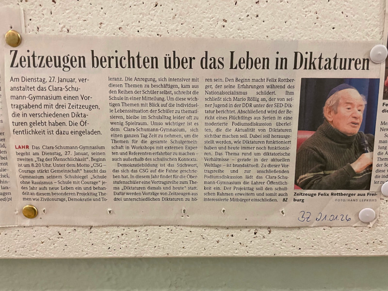 Artikel der BZ vom 21.01.2026 zum Tag der Menschlichkeit am CSG